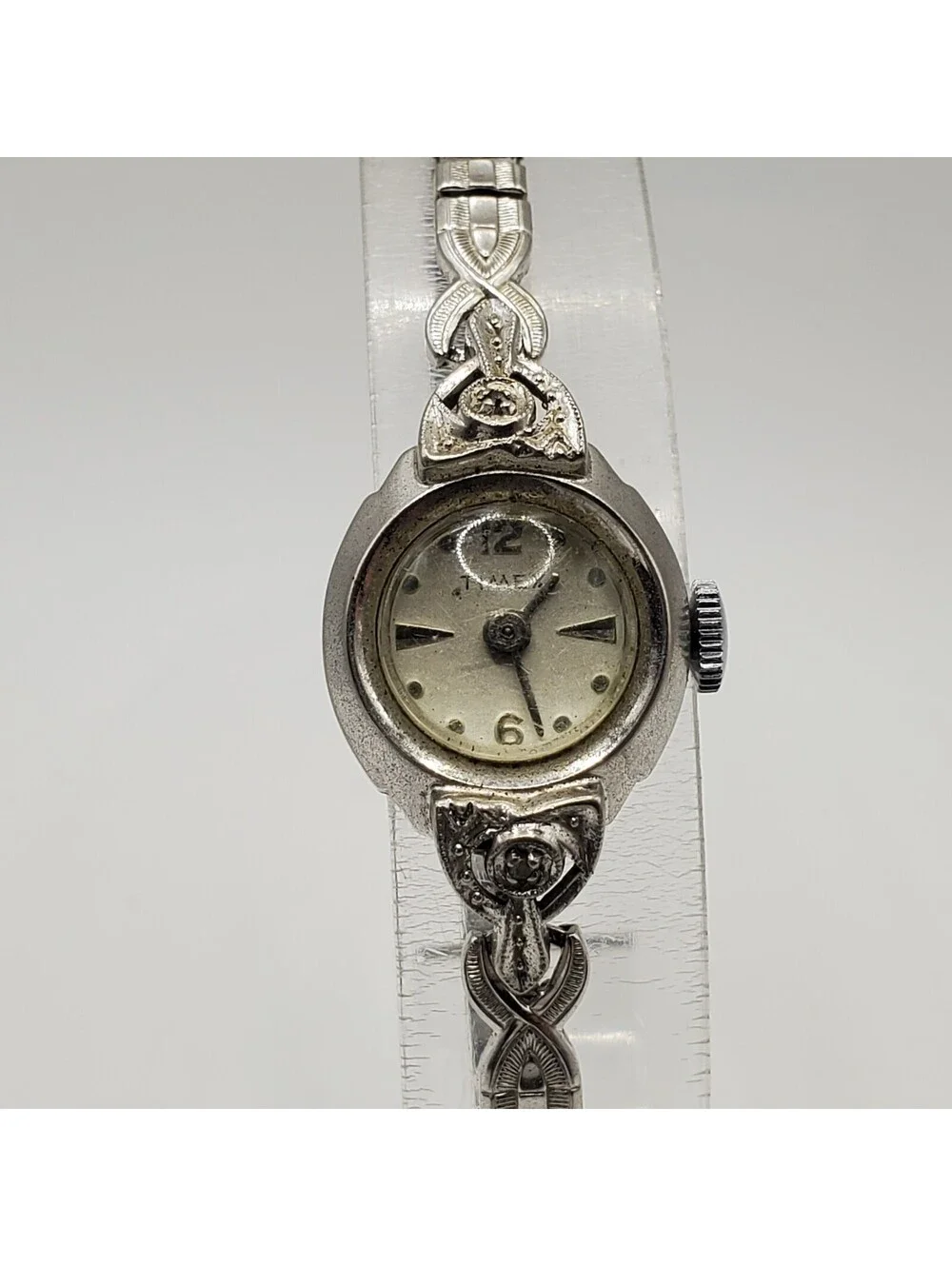 Vintage Timex Rhodium Plate Bezel Mechanical Watch Women For Parts Or Repair